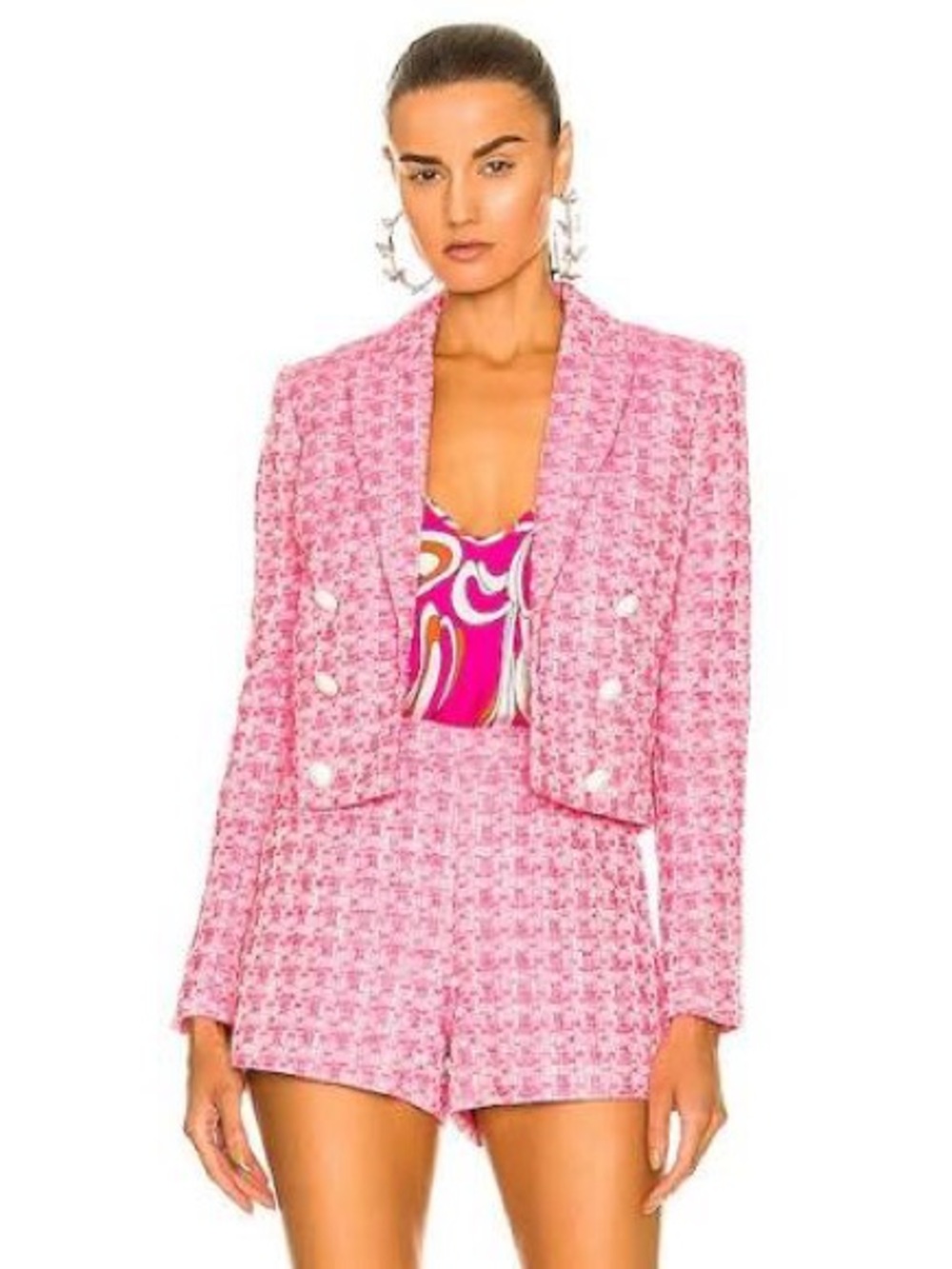 L’AGENCE Cropped Pink Tweed blazer, shorts and silk tank (three piece set)